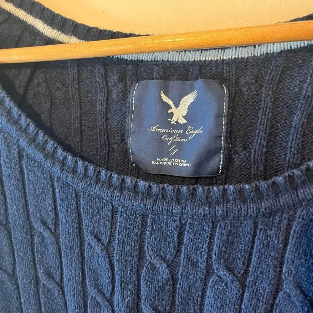 American Eagle Navy Scoop Neck Cable Knit Sweater - Y2K Bella Swan Style Large